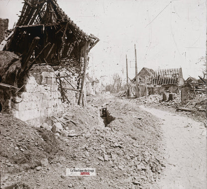 Village d’Hébuterne, guerre WW1, plaque verre stéréo, photo ancienne 4,5x10,7 cm
