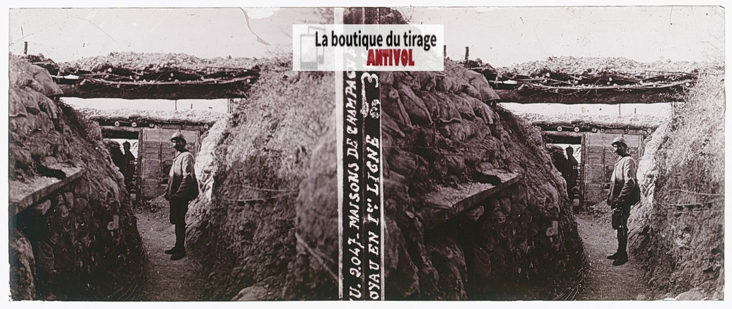 Champagne, première guerre WW1, plaque verre stéréo, photo ancienne 4,5x10,7 cm