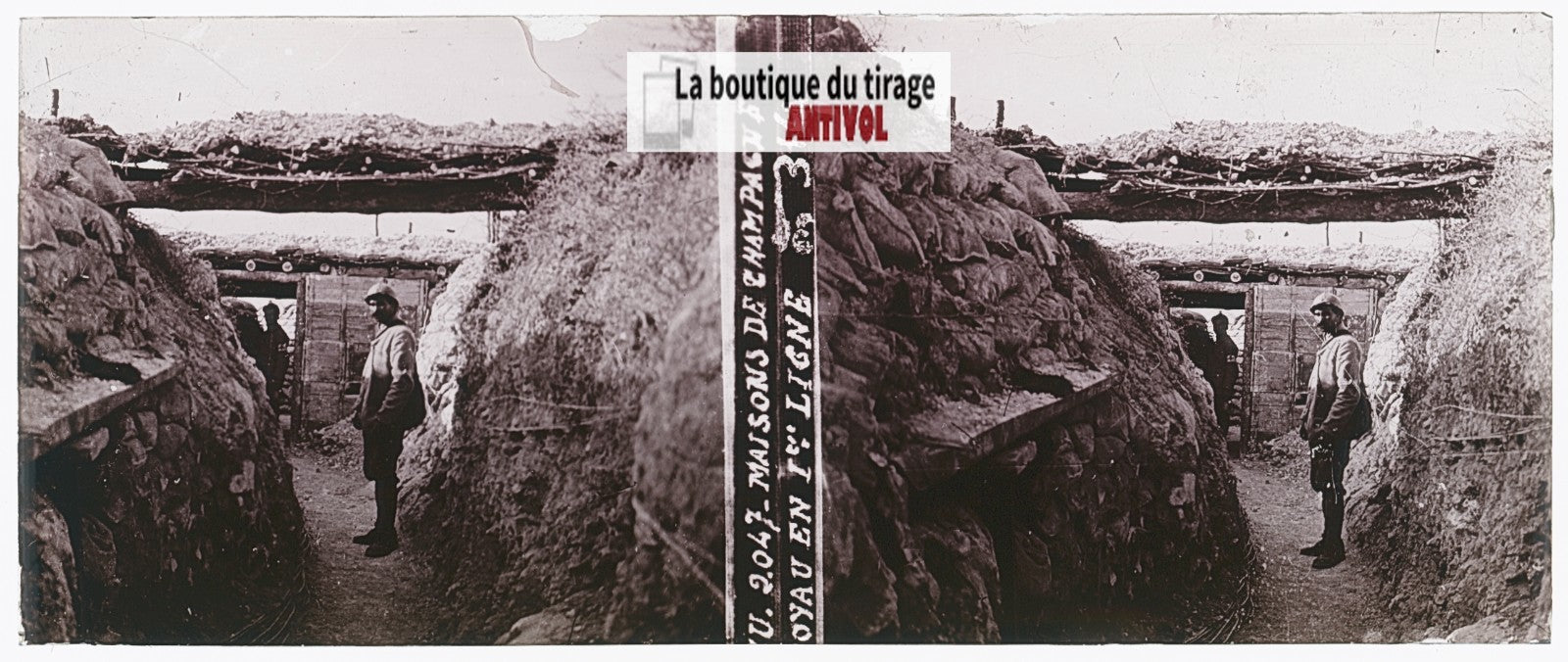 Champagne, première guerre WW1, plaque verre stéréo, photo ancienne 4,5x10,7 cm