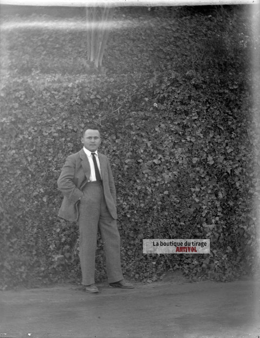 Homme cravate costume, plaque verre, photo ancienne, négatif 9x12 cm