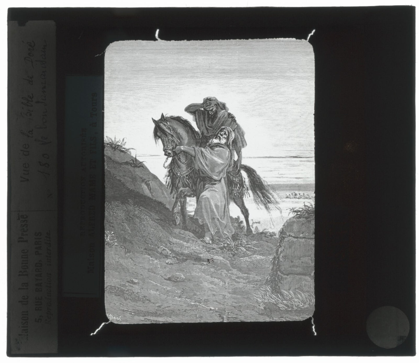 Le Bon Samaritain, Bible de Doré, dessin, plaque verre, positif 8,5x10 cm