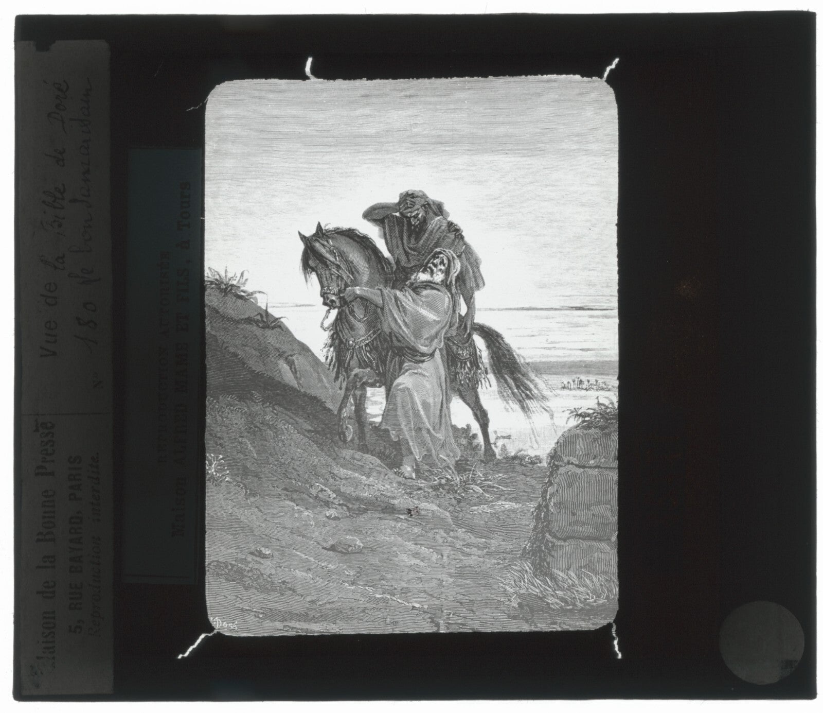 Le Bon Samaritain, Bible de Doré, dessin, plaque verre, positif 8,5x10 cm