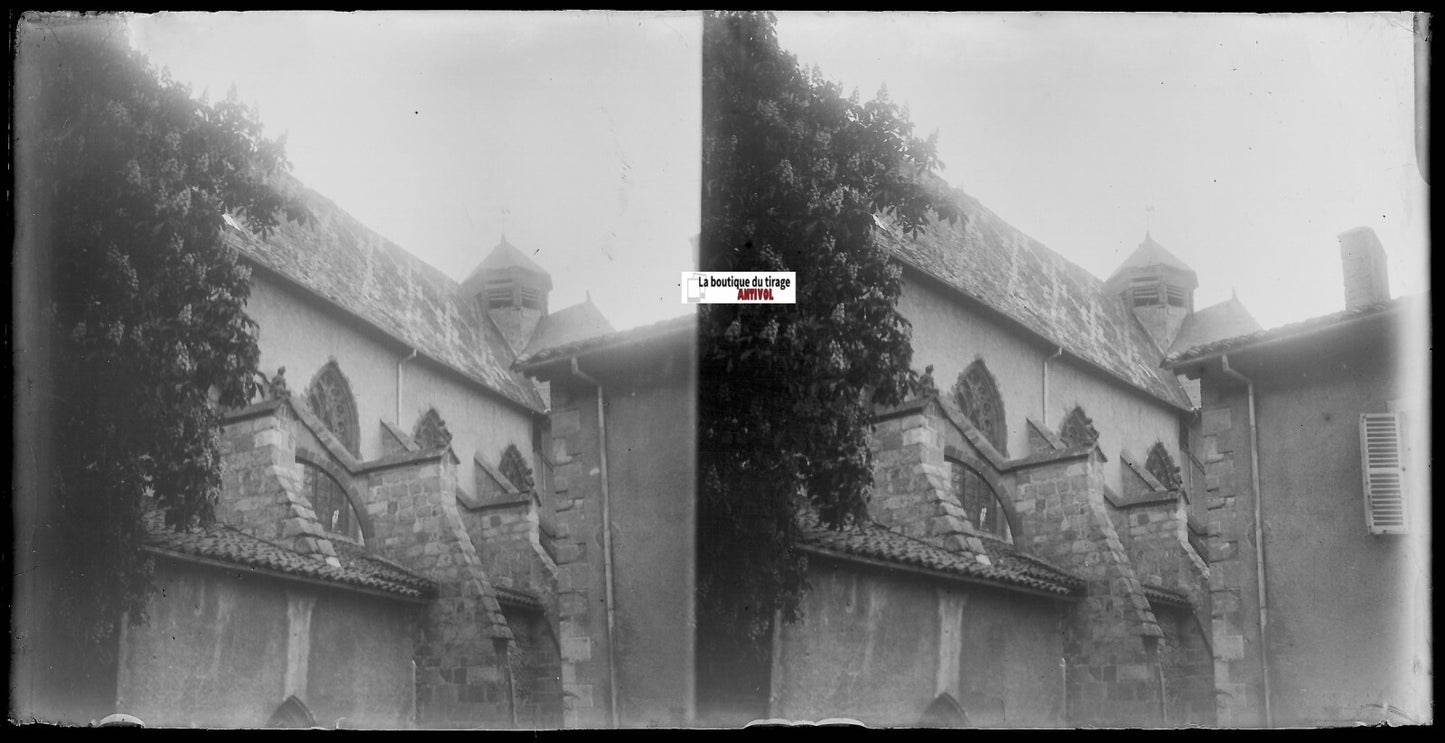 Eglise, France, Plaque verre photo ancienne, stéréo négatif noir & blanc 9x18 cm