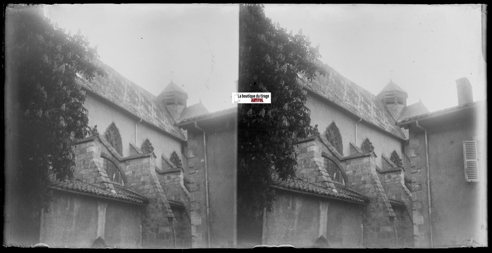 Eglise, France, Plaque verre photo ancienne, stéréo négatif noir & blanc 9x18 cm