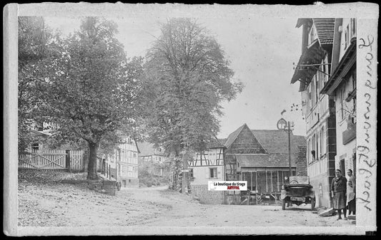 Plaque verre photo négatif noir & blanc 9x14 cm, Langensoultzbach, place église