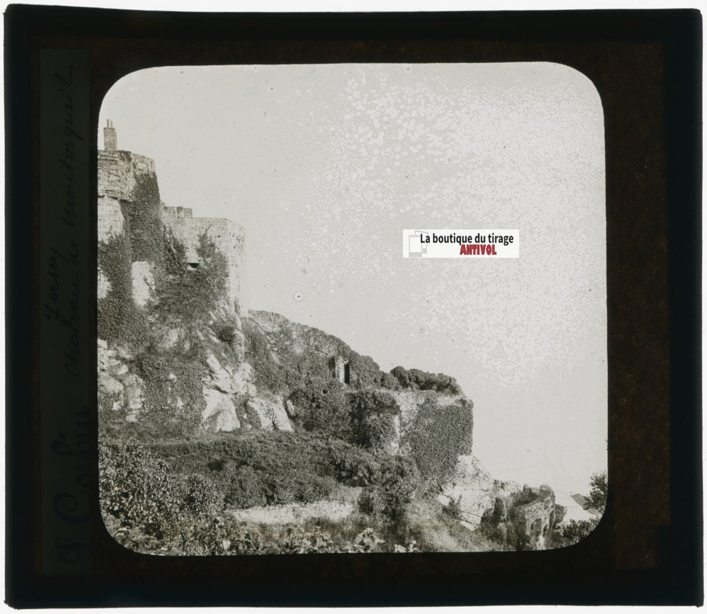 Chateau Mont Orgueil Jersey, photo plaque verre, noir & blanc, positif 8,5x10 cm
