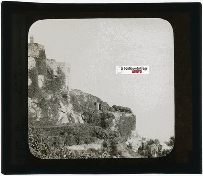 Chateau Mont Orgueil Jersey, photo plaque verre, noir & blanc, positif 8,5x10 cm