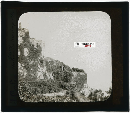 Chateau Mont Orgueil Jersey, photo plaque verre, noir & blanc, positif 8,5x10 cm
