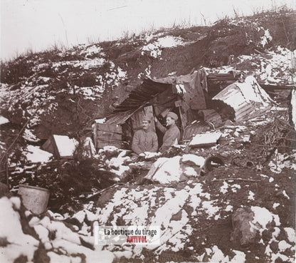 Les Éparges, sous la neige, guerre WW1, plaque verre stéréo, photo 4,5x10,7 cm