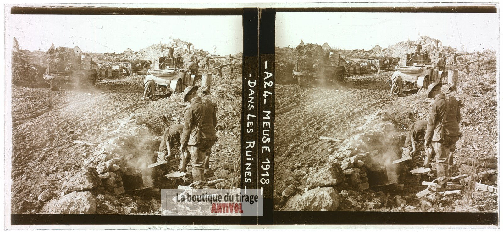 Meuse, dans les ruines, guerre WW1, plaque verre photo ancienne stéréo 6x13 cm