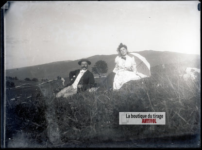 Couple, amour, montagnes, plaque verre photo ancienne, négatif 9x12 cm