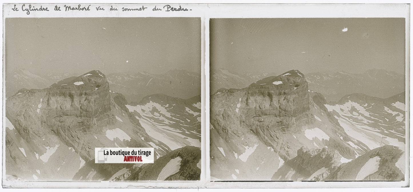 Cylindre du Marboré, plaque verre, photo ancienne stéréo, noir & blanc 6x13 cm