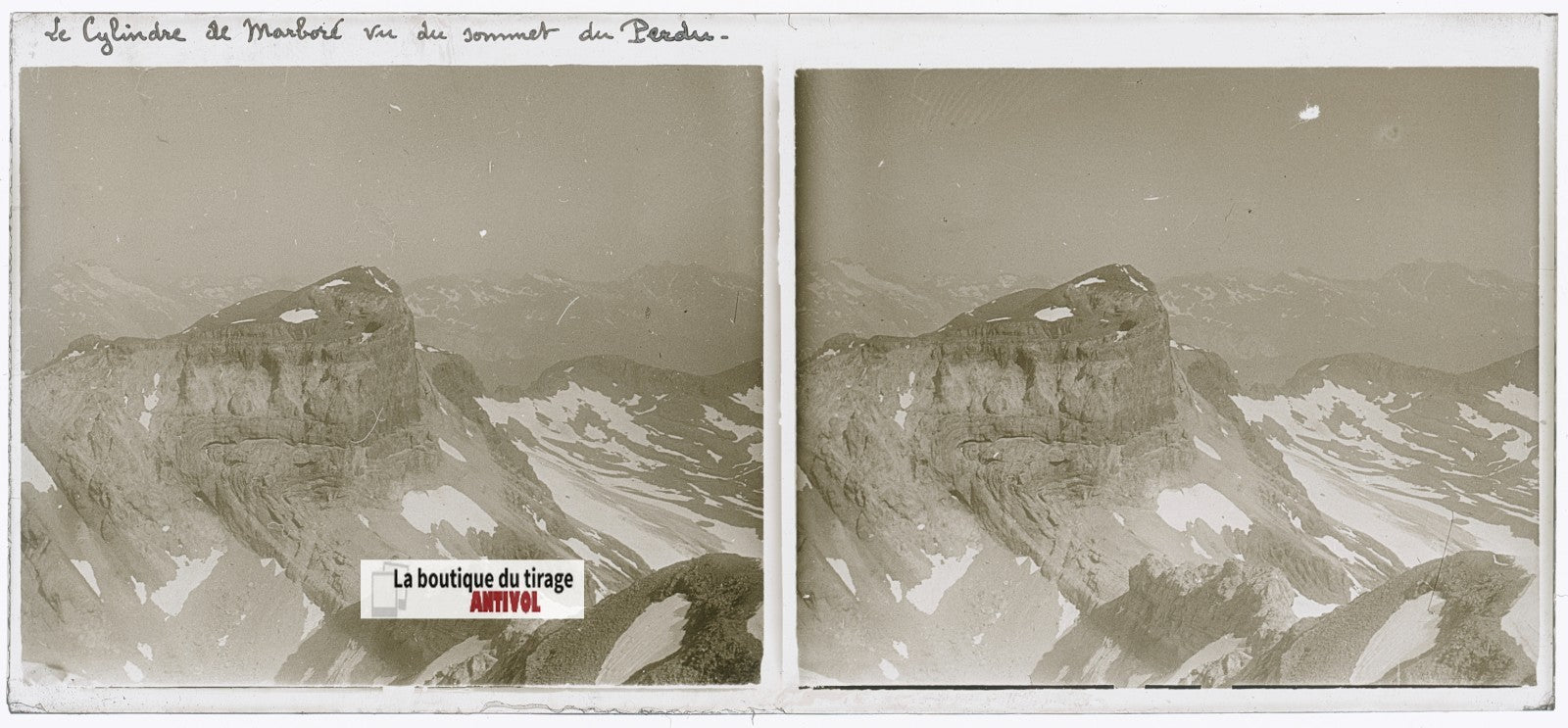 Cylindre du Marboré, plaque verre, photo ancienne stéréo, noir & blanc 6x13 cm