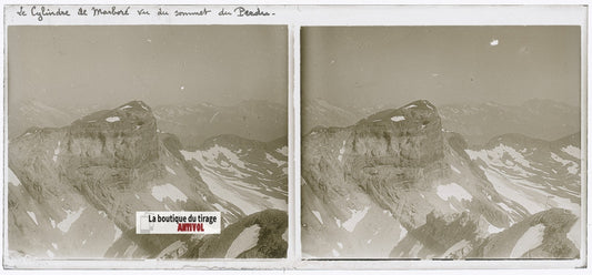 Cylindre du Marboré, plaque verre, photo ancienne stéréo, noir & blanc 6x13 cm