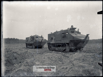 Chars Schneider CA1, WW1, plaque verre, photo ancienne, négatif 9x12 cm