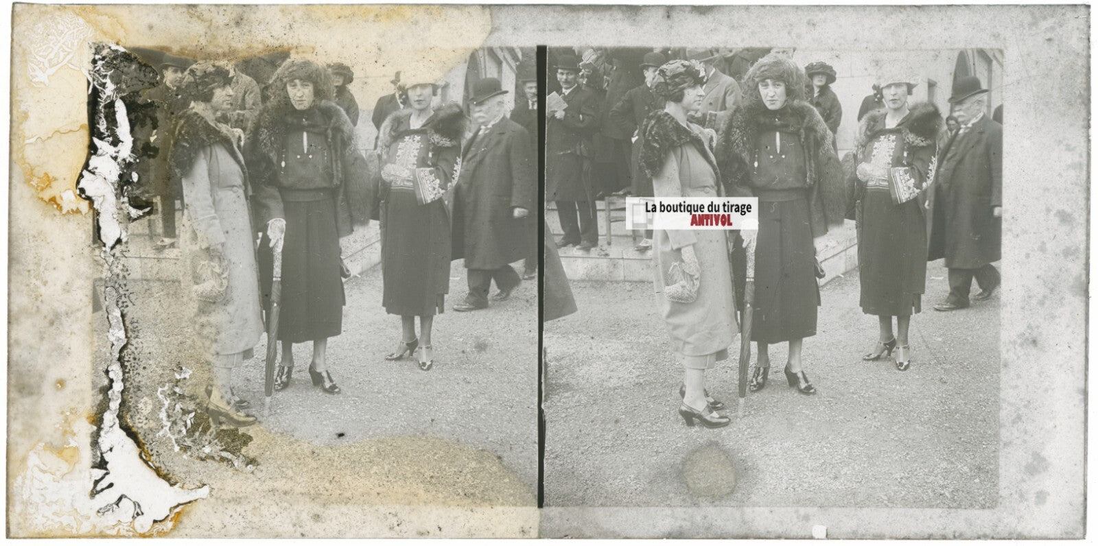 Scène de vie, Longchamp, Paris, plaque verre stéréoscopique, positif 8,5x17 cm