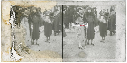 Scène de vie, Longchamp, Paris, plaque verre stéréoscopique, positif 8,5x17 cm