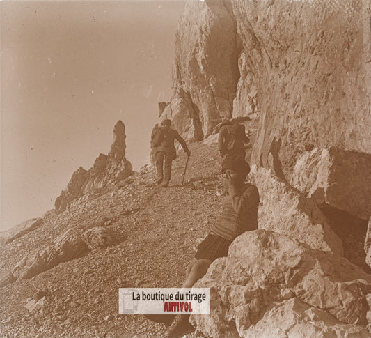 Sur les pentes de la Tournette, plaque verre photo ancienne stéréo 6x13 cm