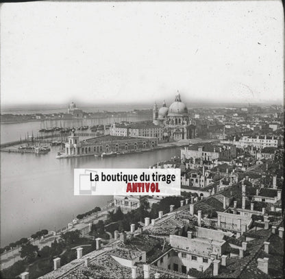 Vue générale de Venise, Italie, photo ancienne plaque verre, positif 8,5x10 cm