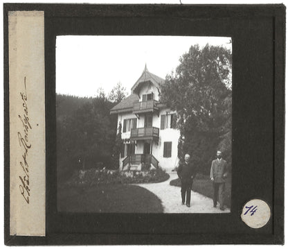 Maison de campagne, hommes, photo plaque de verre, positif 8,5x10 cm