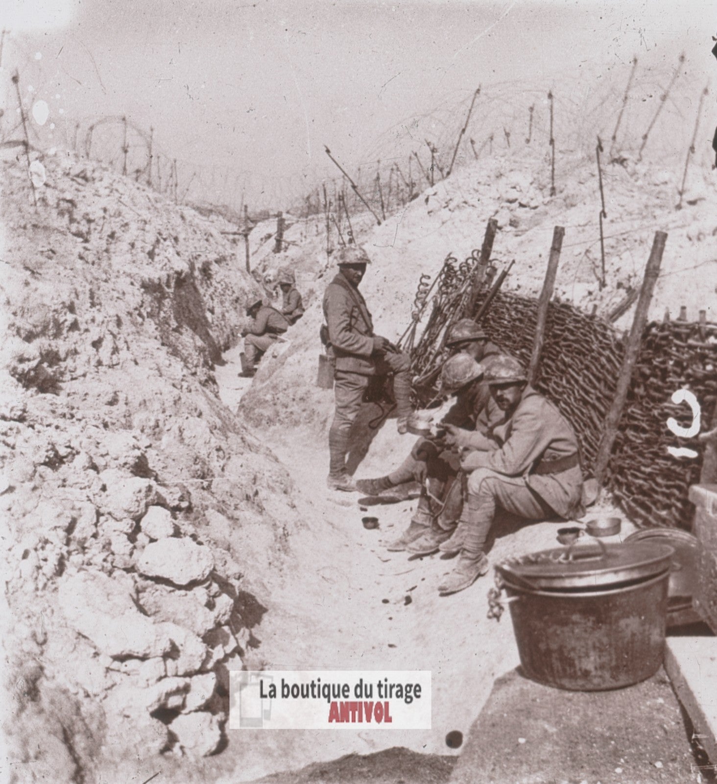 Tranchée Macdonald Mont Têtu, guerre WW1, plaque verre stéréo, photo 4,5x10,7 cm
