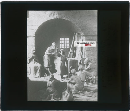 Jésus, atelier de Nazareth, photo plaque verre, noir & blanc, positif 8,5x10 cm