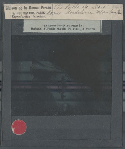 Marie Madeleine, Bible de Doré, dessin, plaque verre, positif 8,5x10 cm