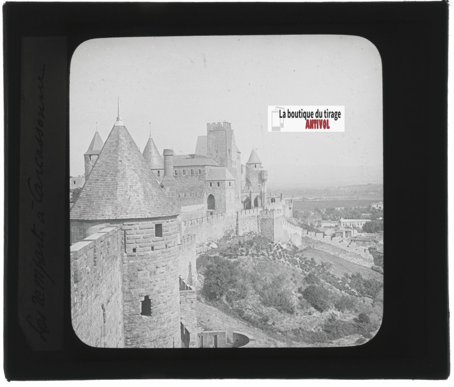 Cité de Carcassonne, photo plaque verre, noir et blanc, positif 8,5x10 cm