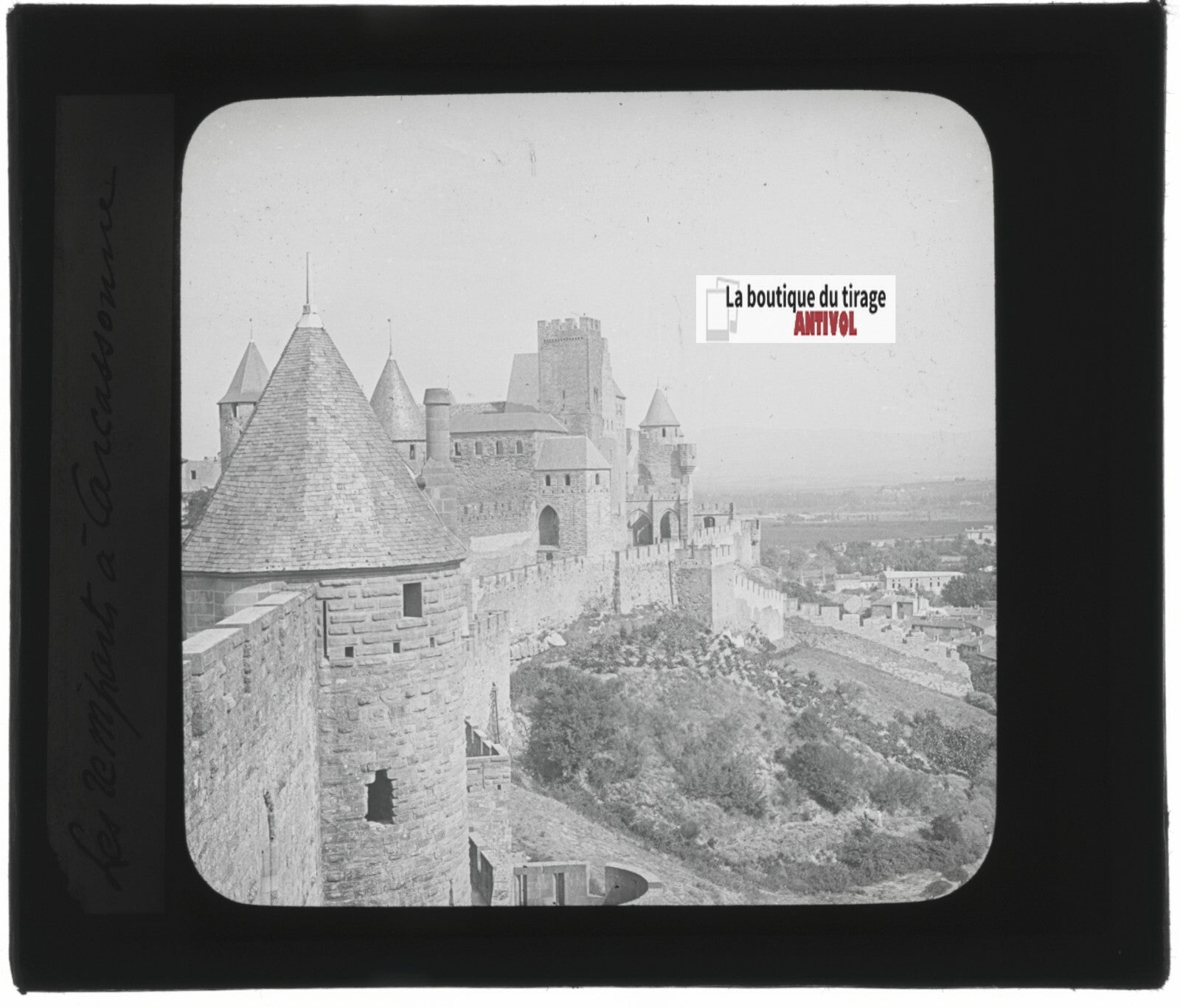 Cité de Carcassonne, photo plaque verre, noir et blanc, positif 8,5x10 cm