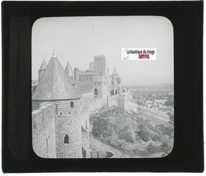 Cité de Carcassonne, photo plaque verre, noir et blanc, positif 8,5x10 cm