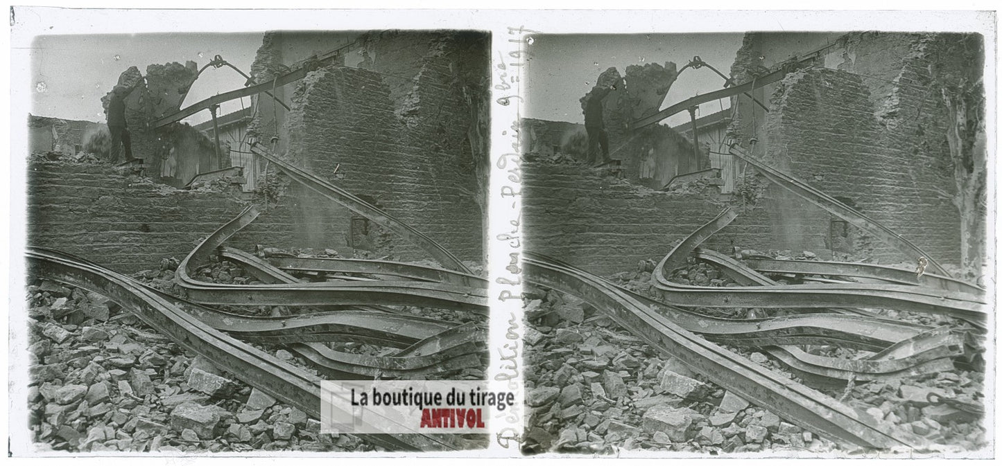 Ruines, Première Guerre Mondiale WW1, plaque verre photo ancienne stéréo 6x13 cm
