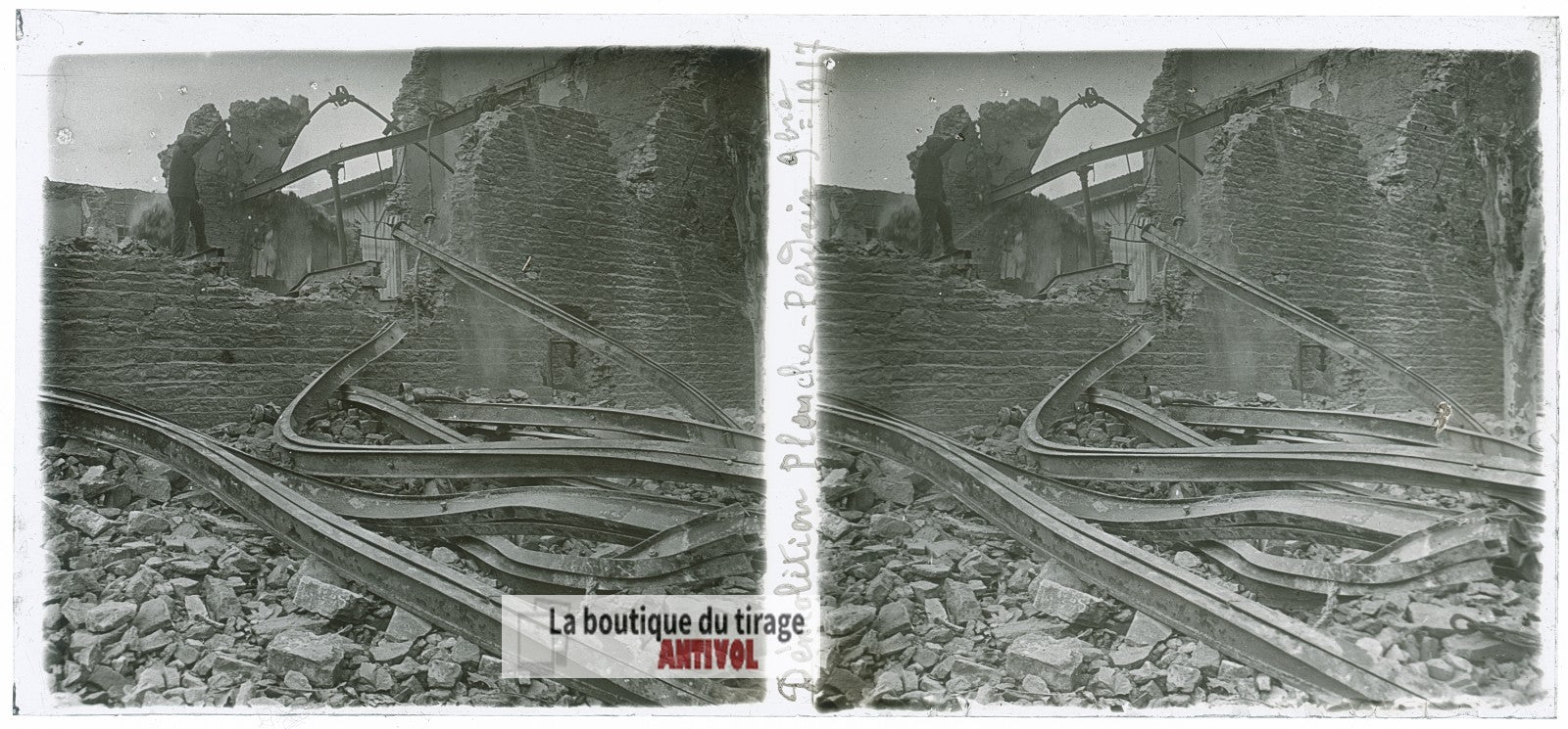 Ruines, Première Guerre Mondiale WW1, plaque verre photo ancienne stéréo 6x13 cm