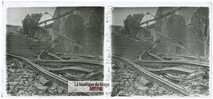 Ruines, Première Guerre Mondiale WW1, plaque verre photo ancienne stéréo 6x13 cm