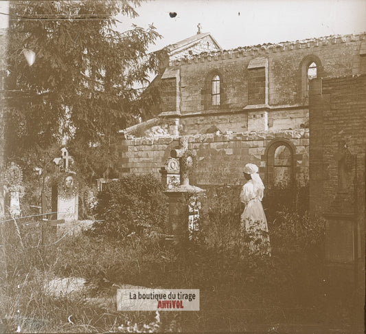 Auve, cimetière, guerre WW1, plaque verre photo ancienne stéréo 6x13 cm