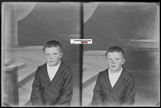 Garçon, portrait, Plaque verre photo ancienne, négatif noir & blanc 10x15 cm