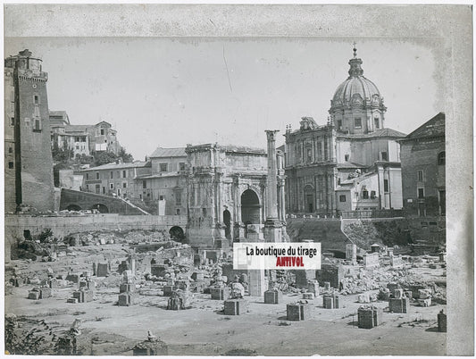 Arc de Septime Sévère, Rome, photo ancienne plaque verre, noir & blanc, 9x12 cm