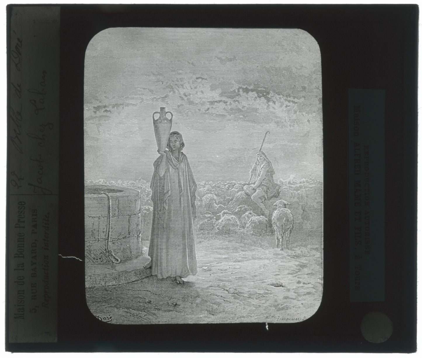 Jacob chez Laban, Bible de Doré, dessin, plaque verre, positif 8,5x10 cm