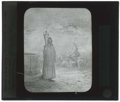 Jacob chez Laban, Bible de Doré, dessin, plaque verre, positif 8,5x10 cm
