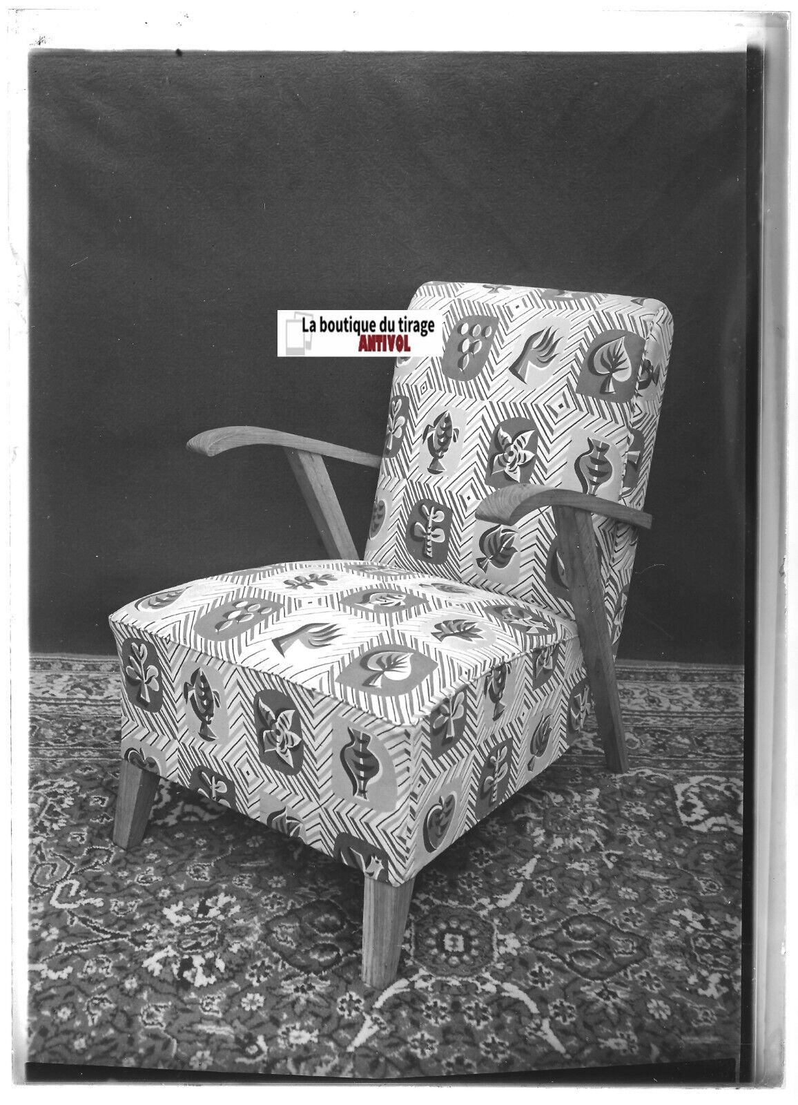 Plaque verre photo ancienne positif noir & blanc 13x18 cm fauteuil vintage