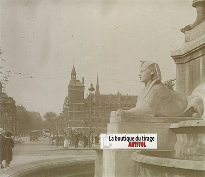 Place du Châtelet, Paris, plaque verre, photo stéréoscopie, N&B 6x13 cm