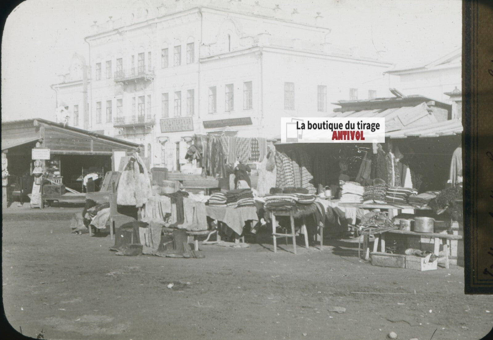 Marché Irkoutsk, Russie, photo plaque verre, noir & blanc, positif 8,5x10 cm