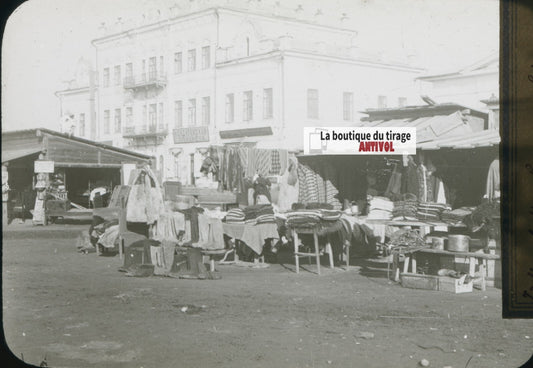Marché Irkoutsk, Russie, photo plaque verre, noir & blanc, positif 8,5x10 cm
