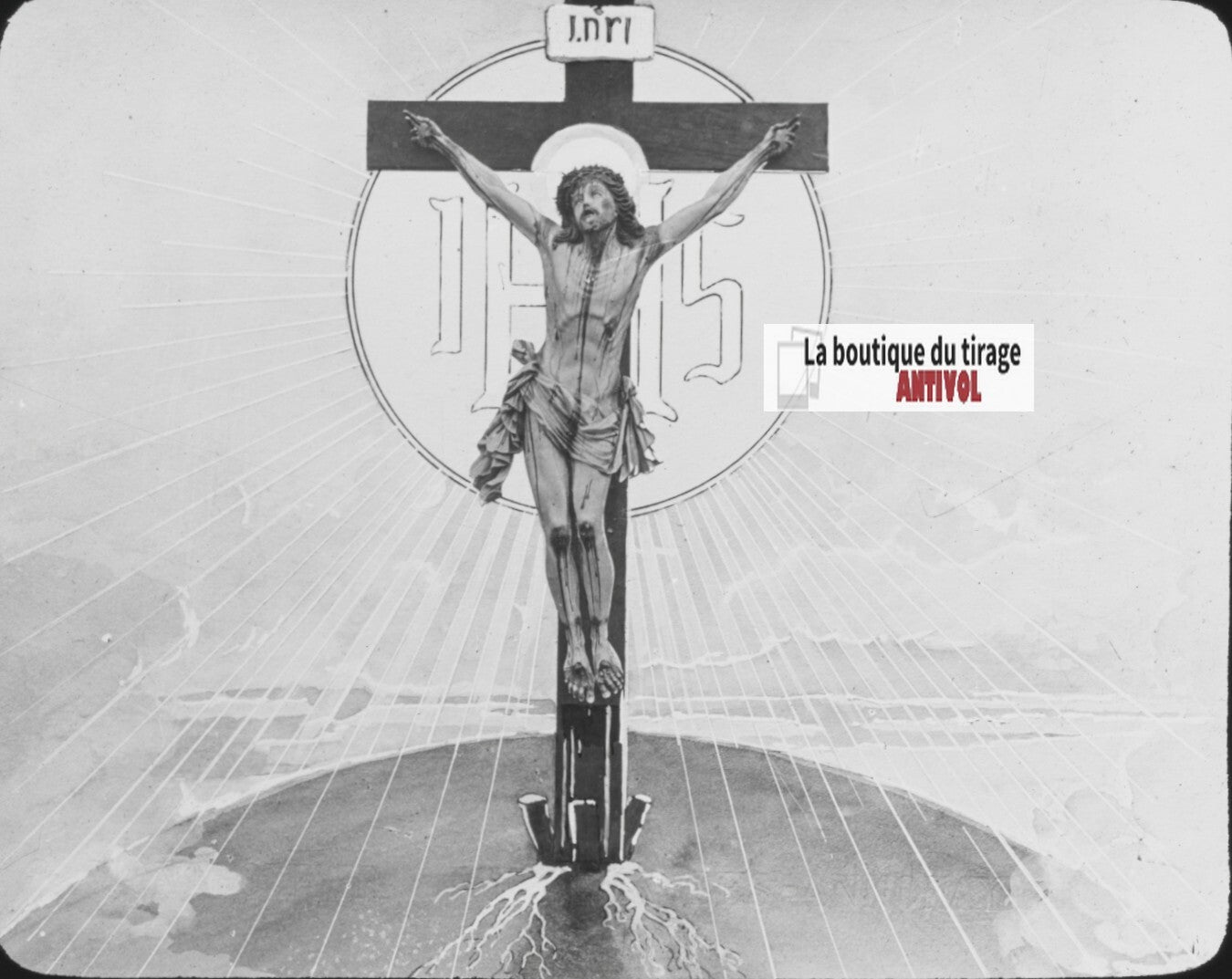 Scène religieuse, dessin, peinture, ancienne plaque de verre, positif 8,5x10 cm