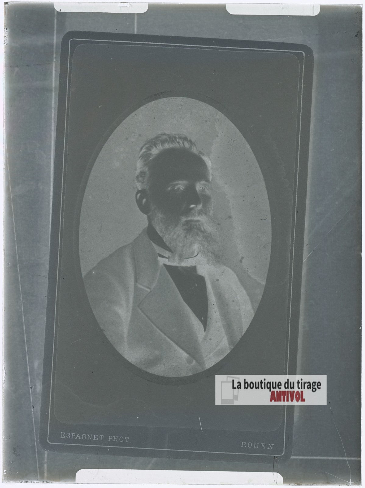Portrait d'un homme barbu, costume, plaque verre photo ancienne, négatif 9x12 cm