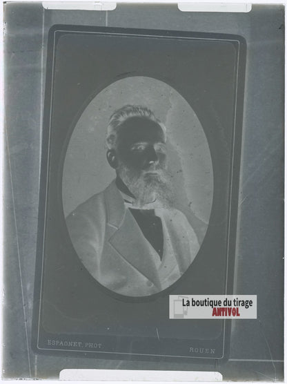 Portrait d'un homme barbu, costume, plaque verre photo ancienne, négatif 9x12 cm