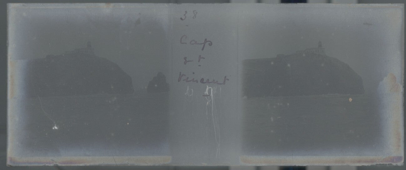 Phare, Cap Saint-Vincent, Plaque verre stéréo, positif noir & blanc 4,5x10,7 cm