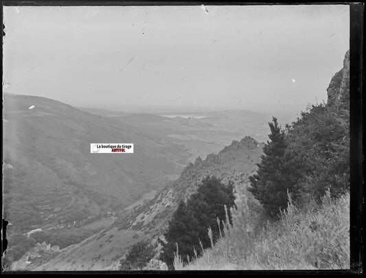 Pyrénées, lac, Plaque verre photo ancienne, négatif noir & blanc 9x12 cm