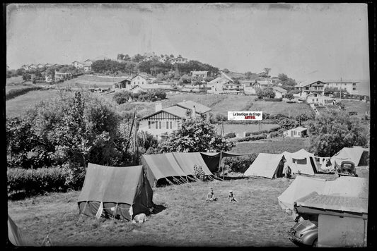 Bidart camping, Plaque verre photo ancienne, négatif noir & blanc 10x15 cm