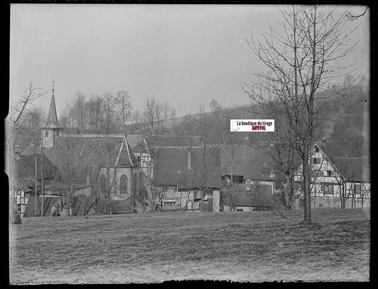 Village, Alsace, maison, Plaque verre photo, négatif ancien noir & blanc 9x12 cm