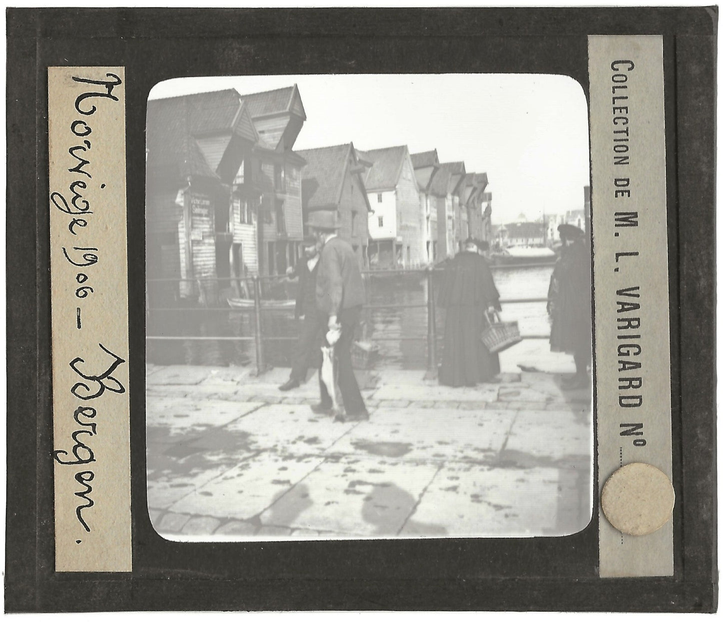 Port de Bergen, Norvège, photo ancienne plaque de verre, positif 8,5x10 cm